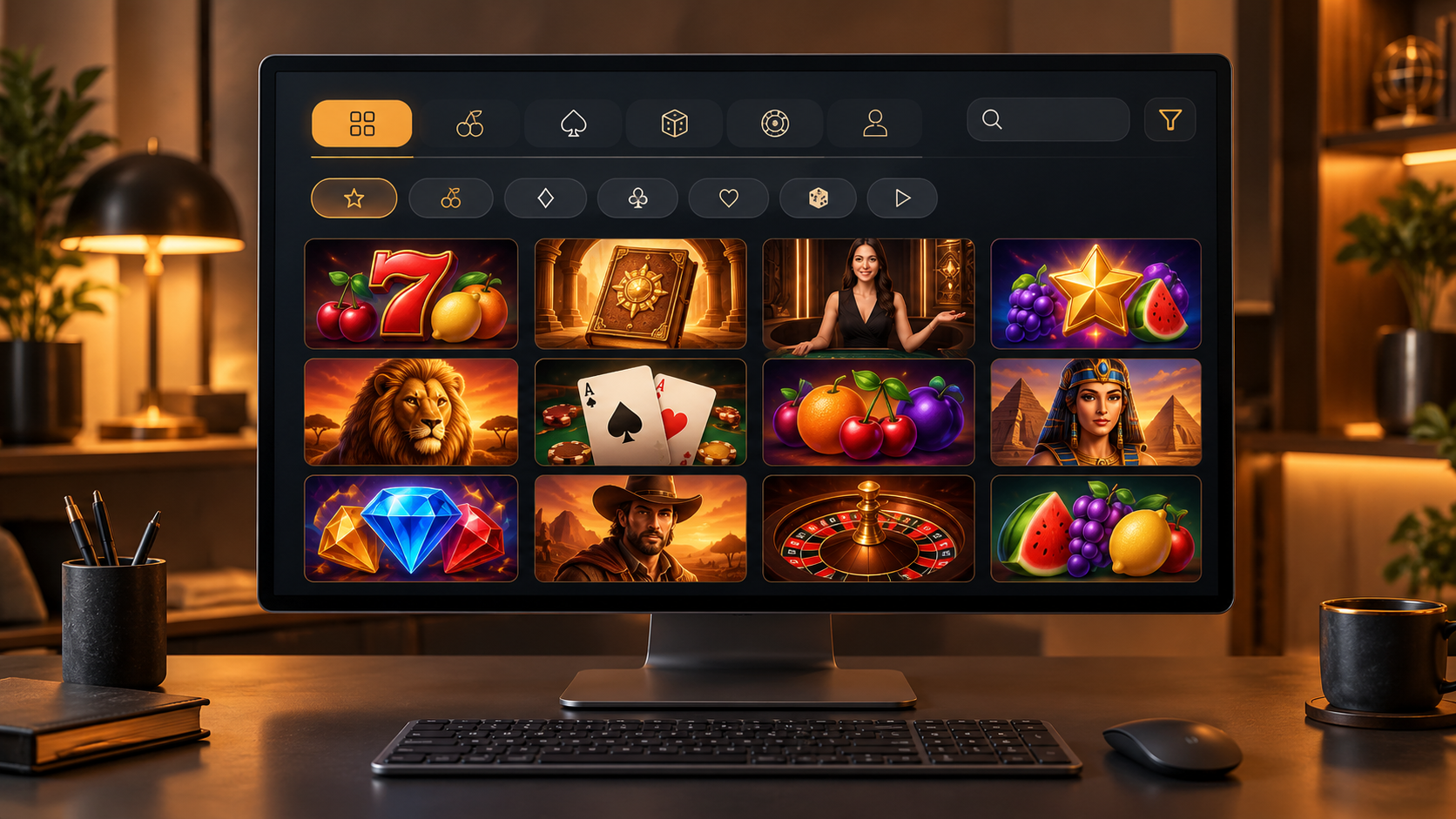 Illustration of a desktop monitor showing game tiles, category icons, a search bar and filter controls.