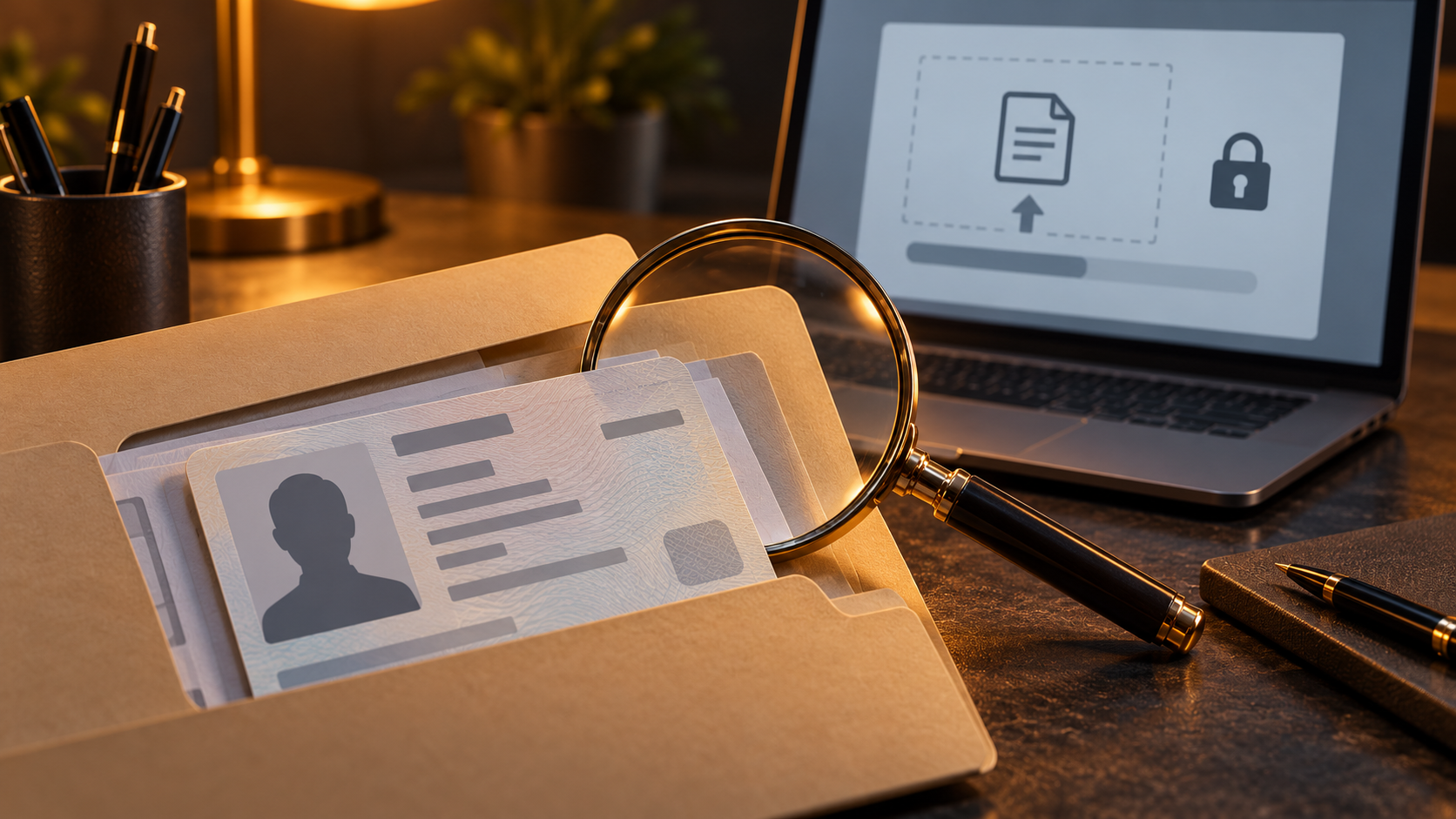 Illustration of identity documents in a folder beside a magnifying glass and a laptop displaying an upload icon and padlock.