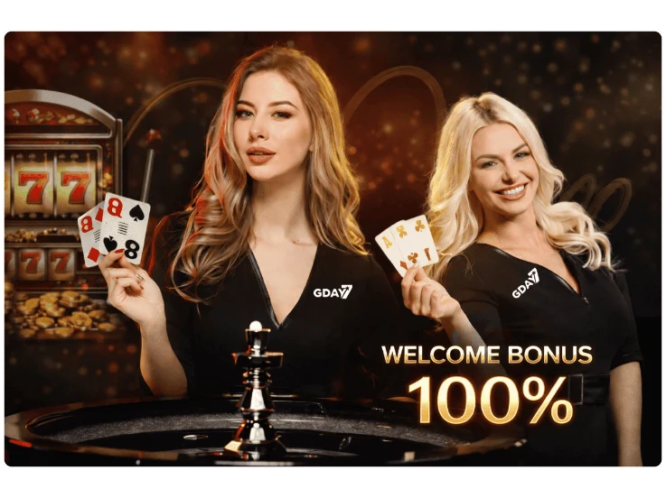 Promotional artwork showing two women, playing cards, and a 100% welcome bonus message.