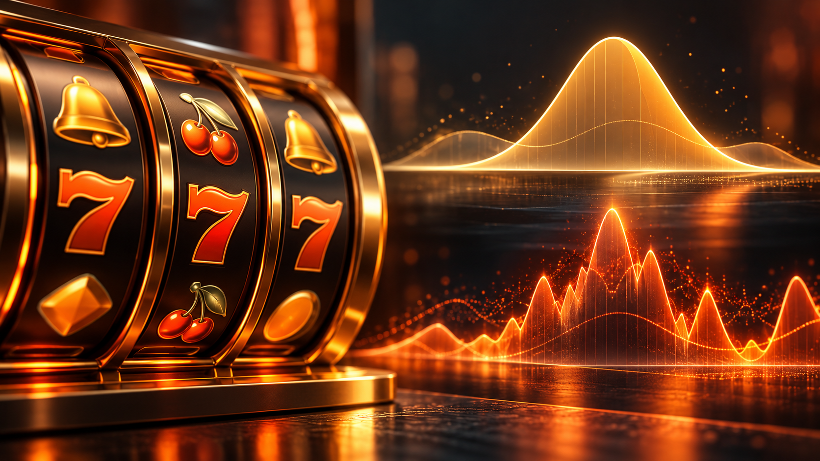 Slot reels beside conceptual illustrations of long-term returns and short-term variation.
