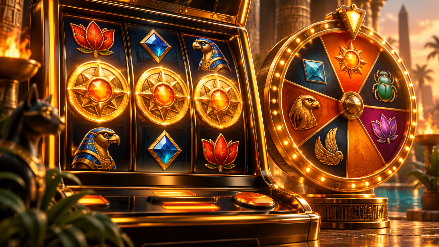 Illustrated slot symbols and a bonus wheel representing in-game features.