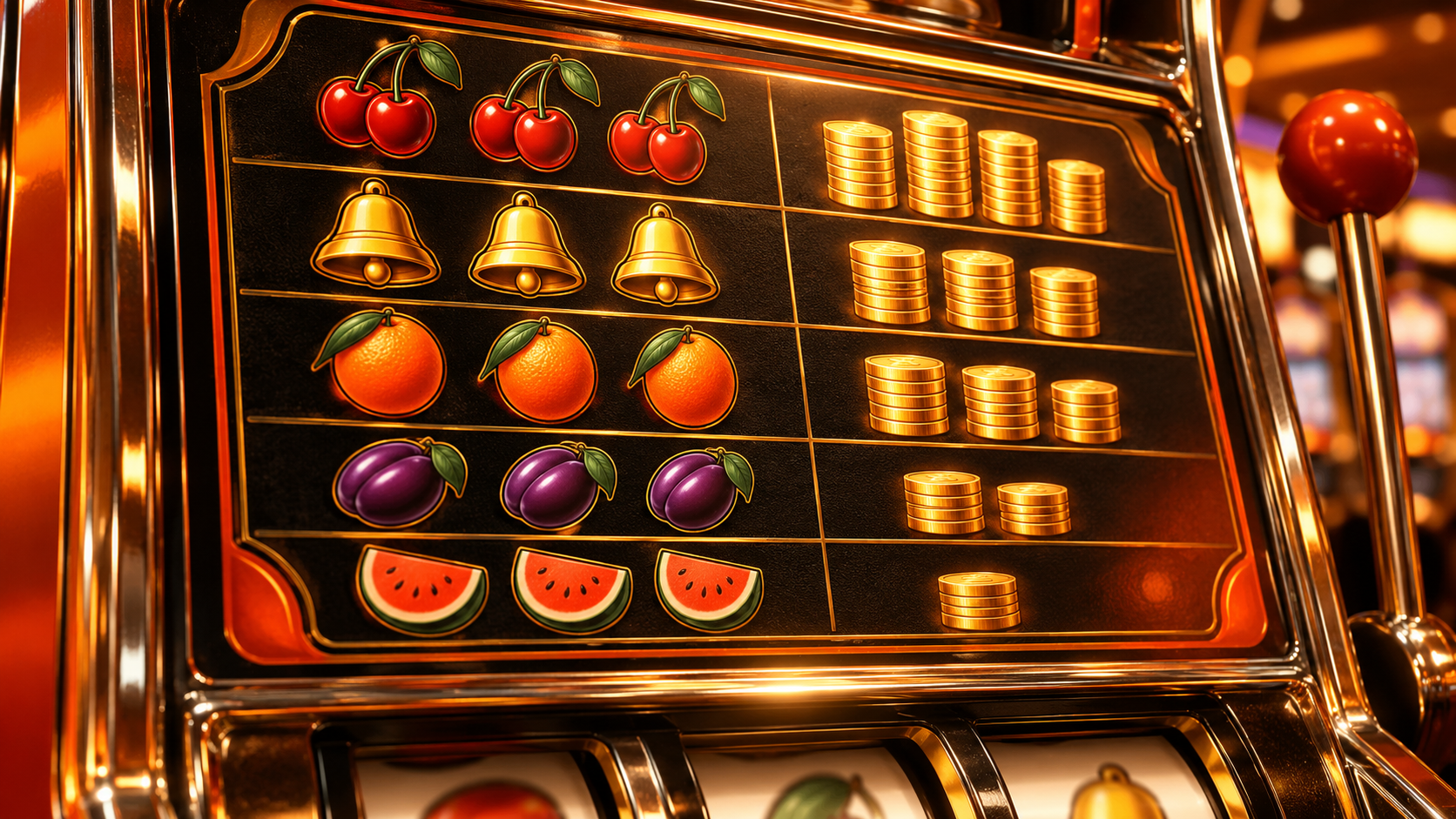 Illustrative paytable showing combinations of fruit and bell symbols beside token stacks.