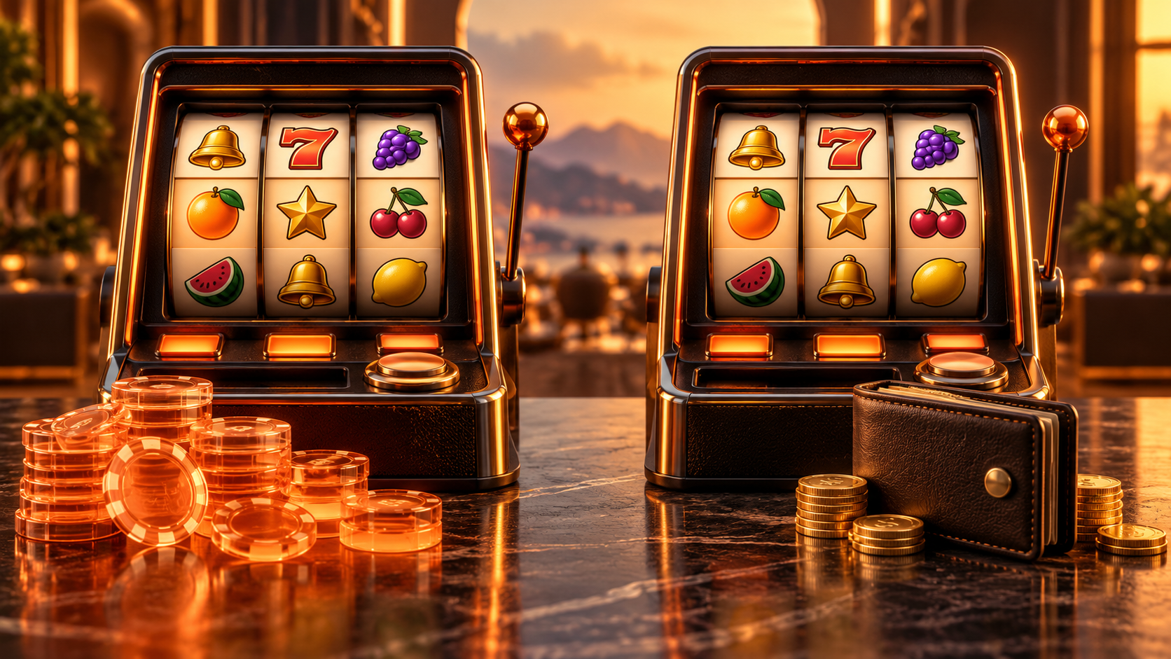 Two slot machines with practice tokens and a wallet illustrating demo and real-money modes.
