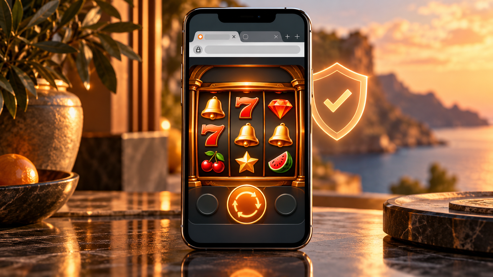 Smartphone displaying a generic slot game in a browser beside a security shield.