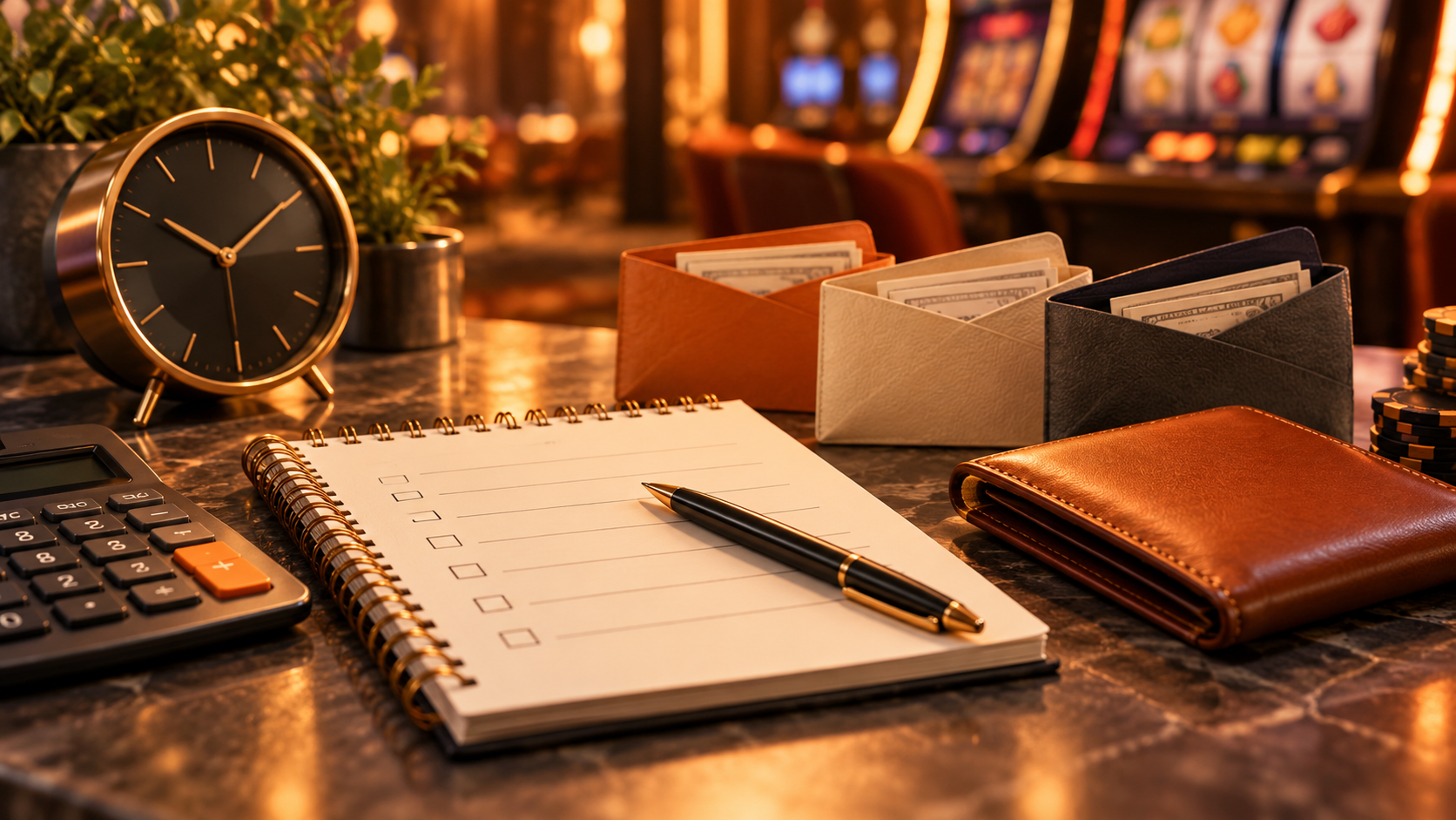 Notebook, calculator, clock, and spending envelopes illustrating budget planning.