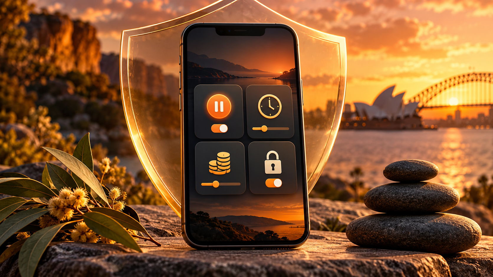 Conceptual mobile controls for pausing play, setting limits, and restricting access.