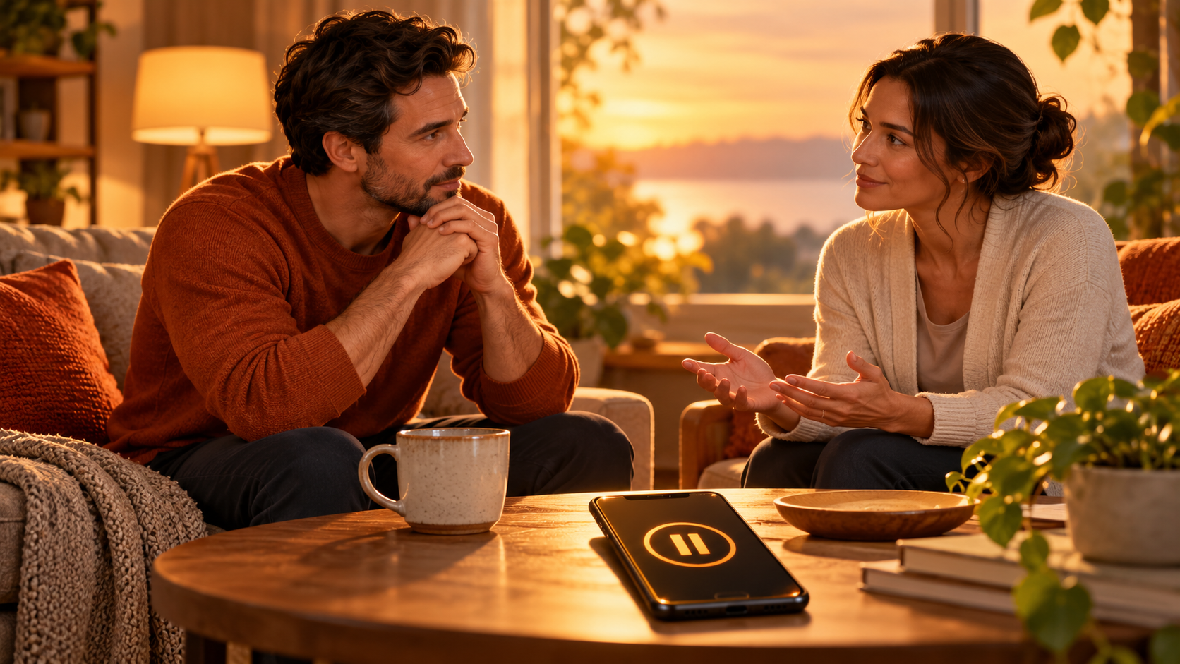 Two adults having a supportive conversation beside a phone displaying a pause symbol.
