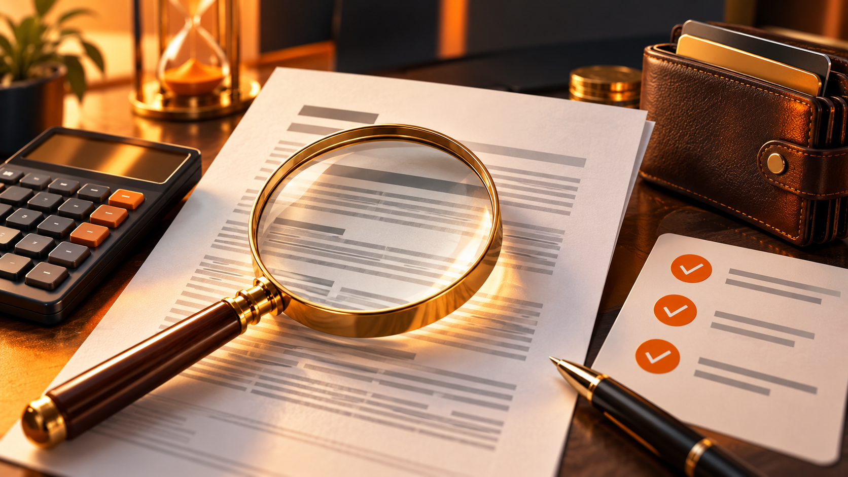 Magnifying glass over an illustrative terms document beside a calculator and wallet.