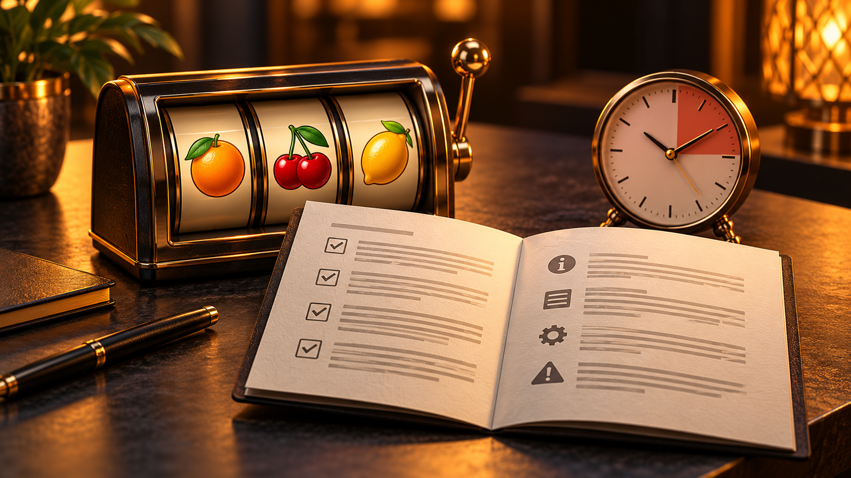 Slot reels beside an open terms booklet and clock, illustrating free-spin promotion conditions and expiry.