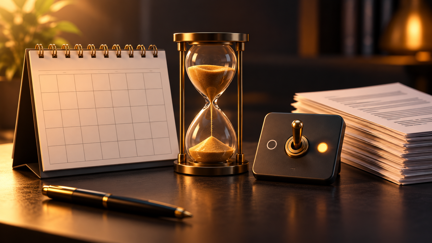 Calendar, hourglass and toggle switch beside terms papers, illustrating bonus deadlines and opt-in conditions.
