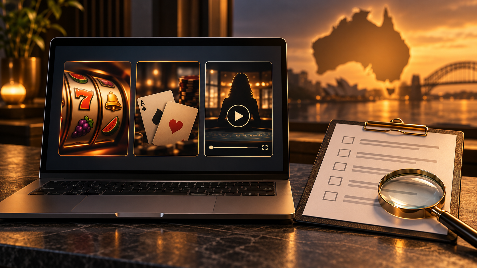 Laptop displaying slot, card-game and live-stream illustrations beside a checklist and magnifying glass, with Australia in the background.