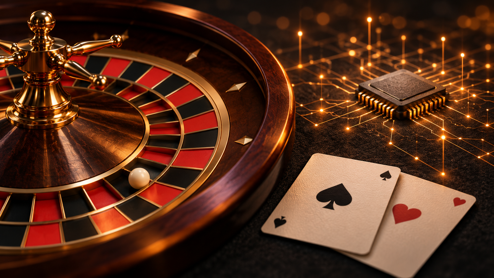 Illustration of a roulette wheel, playing cards and a microchip, representing software-generated table-game outcomes.