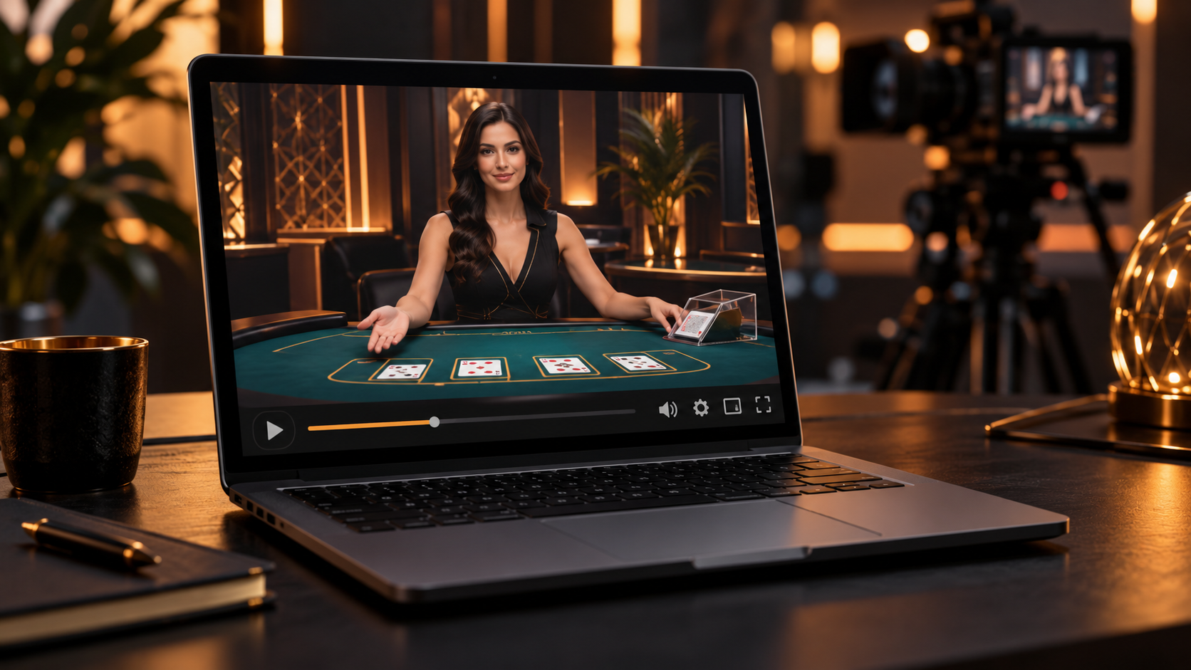 Illustration of a laptop showing a dealer at a card table, with a studio camera in the background.