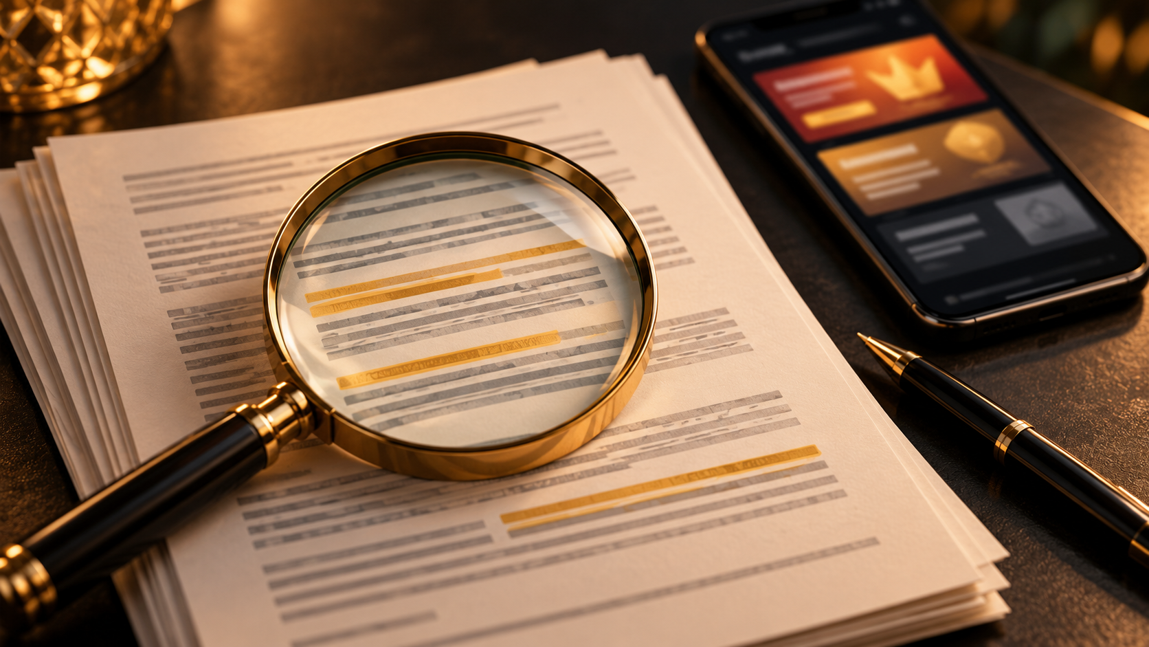 Magnifying glass over highlighted terms on printed pages, with a phone displaying promotional graphics in the background.
