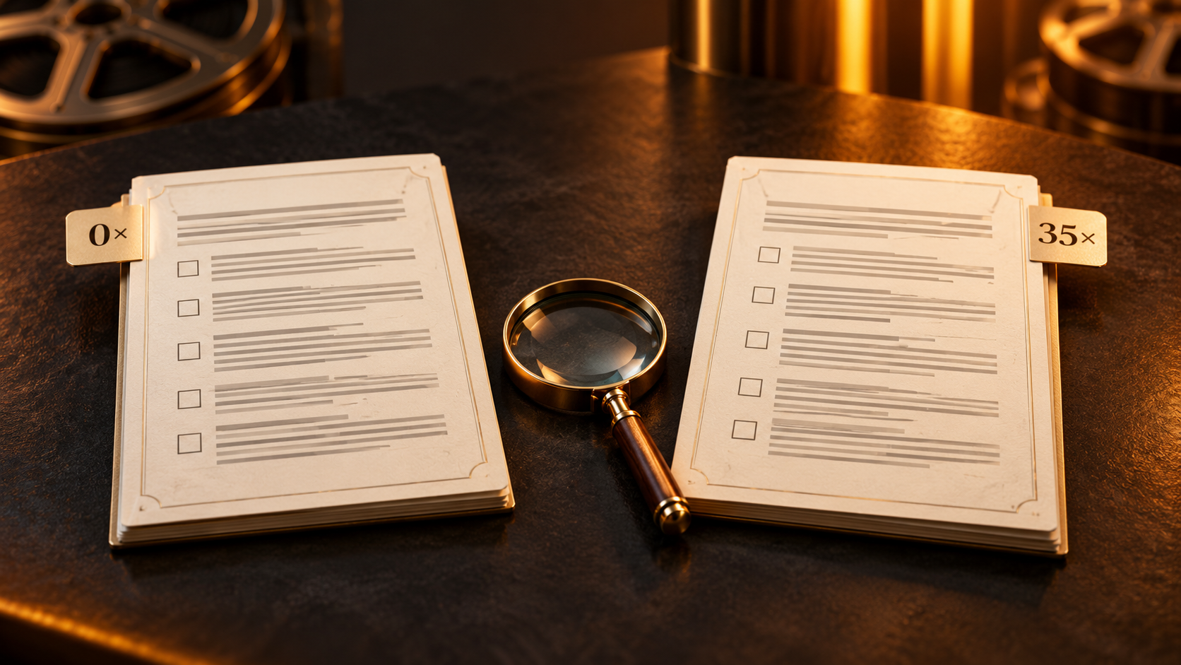 Two terms booklets labelled 0× and 35× beside a magnifying glass, illustrating hypothetical wagering-condition comparisons.