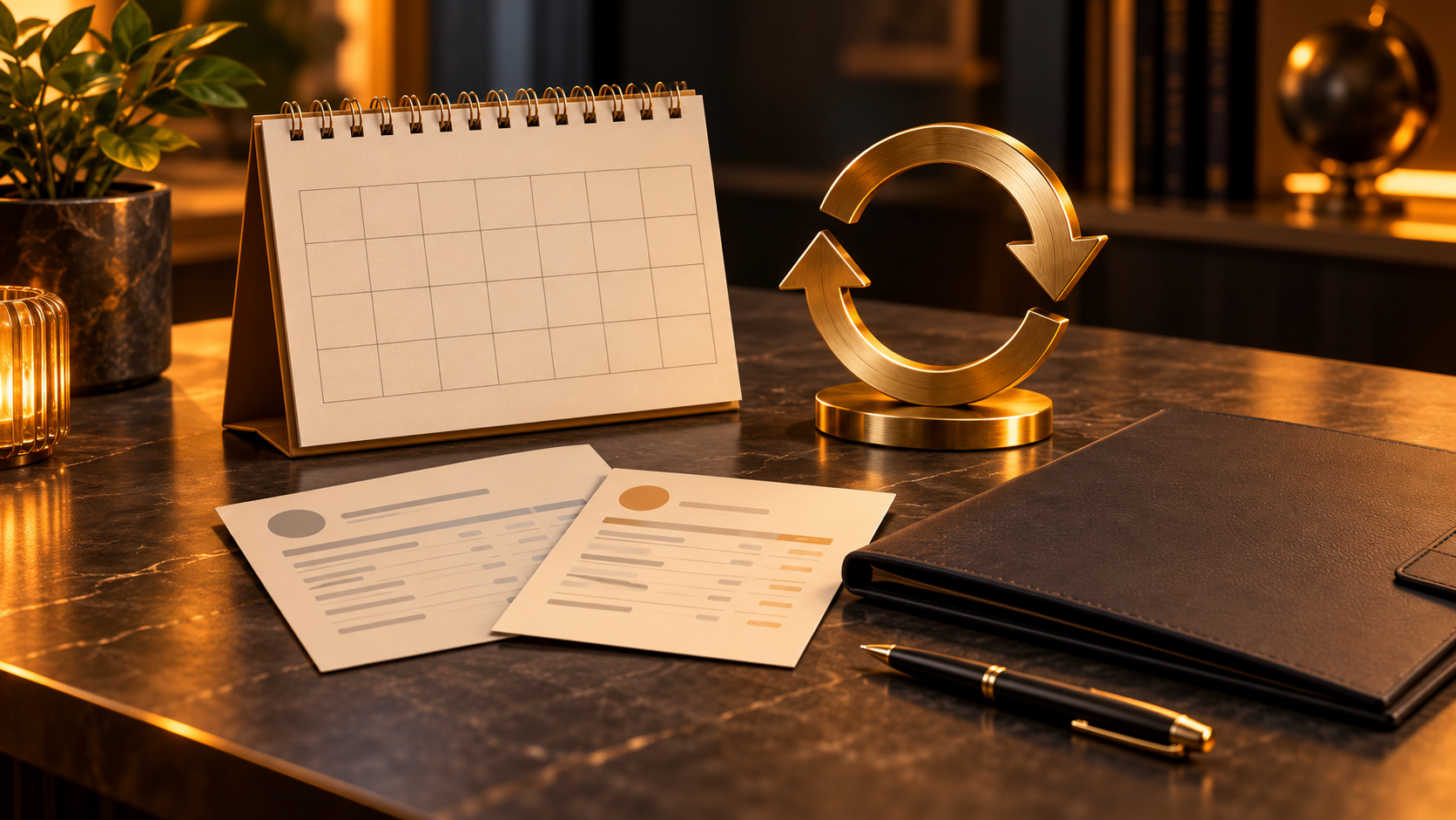 Calendar, account papers and circular arrows beside a terms folder, illustrating promotion periods and conditional returns.